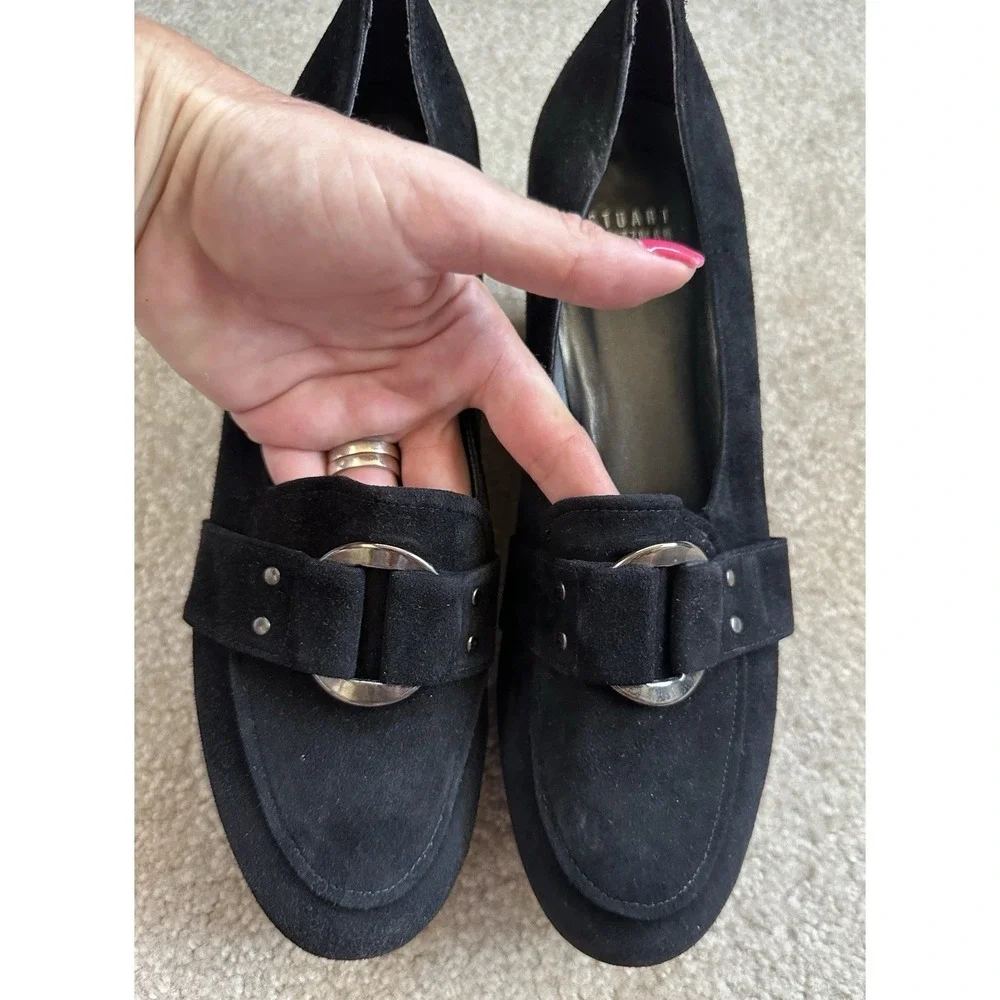 Stuart Weitzman Black Suede Brown‎ Wood Wedge Shoes Size 8 1/2 Silver Studs Read - Picture 6 of 13